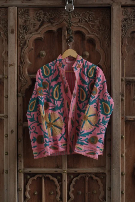 Pink Velvet Embroidered Jacket with Floral Design