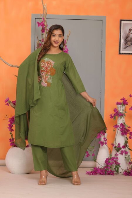 Women's Cotton Embroidery Straight Kurti With Pant Set