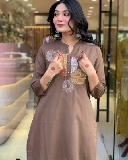 Women's Cotton Embroidery Straight Kurti Pant With Dupatta Set