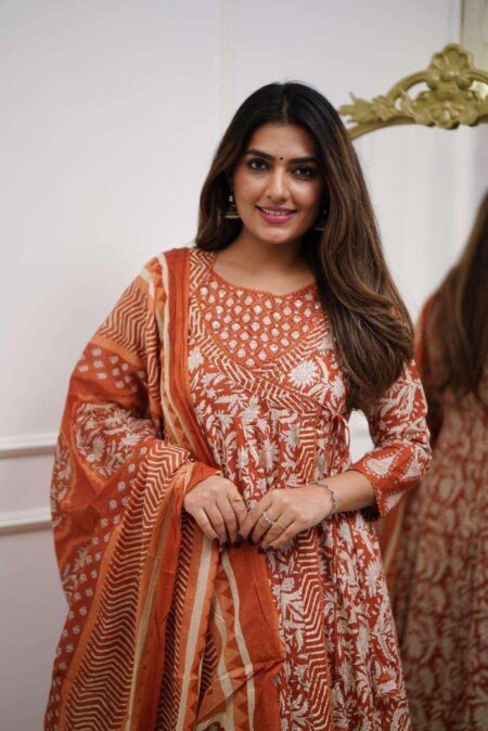 Women's Cotton Floral Printed Anarkali Kurti With Pant and Mulmul Dupatta Set