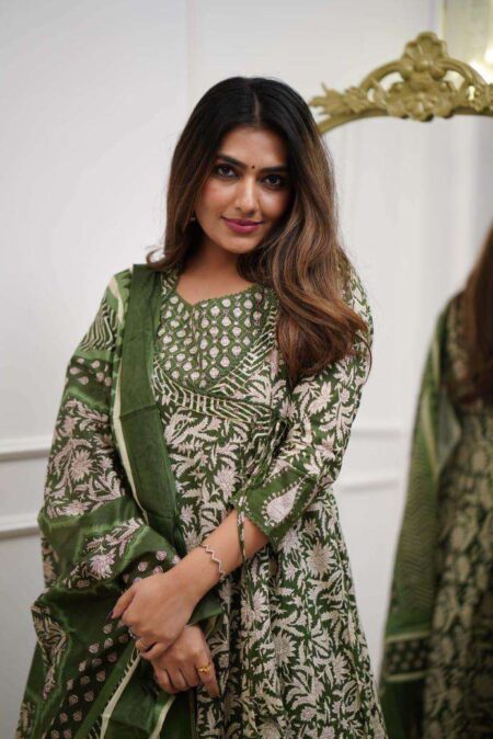 Women's Cotton Floral Printed Anarkali Kurti With Pant and Mulmul Dupatta Set