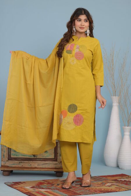 Women's Cotton Embroidery Straight Kurti With Pant Set