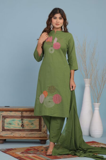 Women's Cotton Embroidery Straight Kurti With Pant Set
