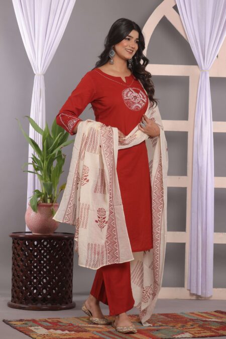 Women's Cotton Embroidery Straight Kurti With Pant Set
