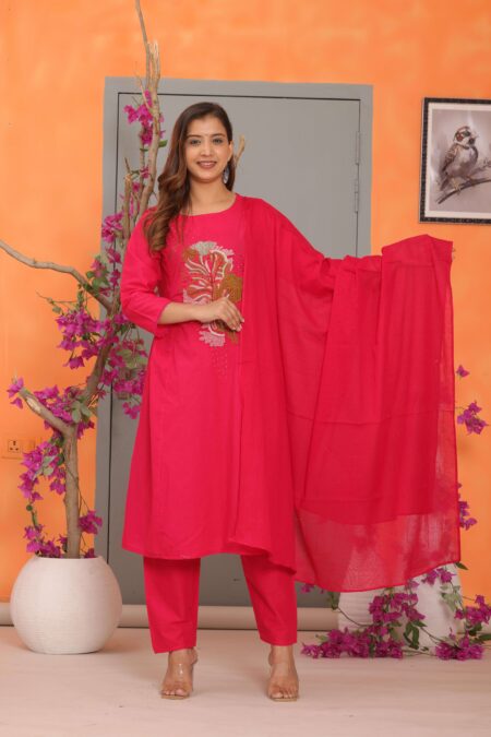 Women's Cotton Embroidery Straight Kurti With Pant Set