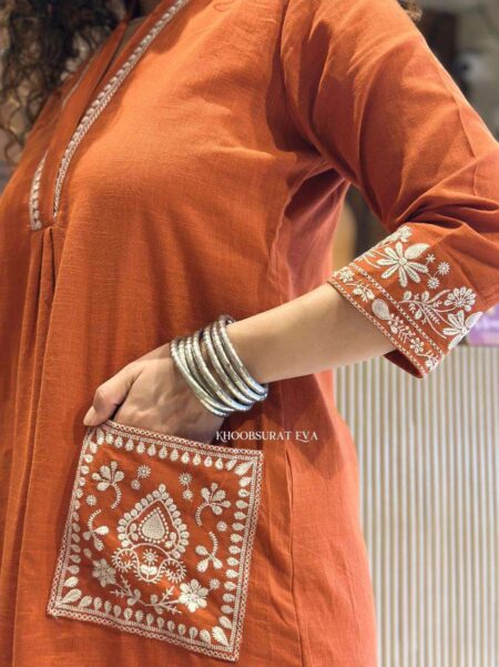 Women's Cotton Embroidery Straight Kurti With Pant Set