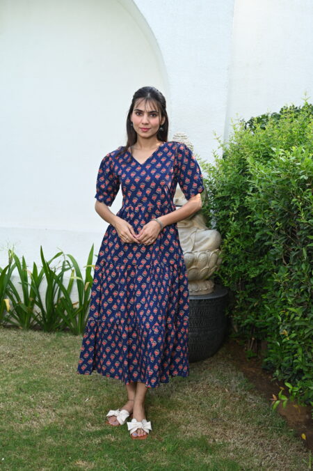 Navy Blue Floral Printed Cotton Anarkali Maxi Dress with Puff Sleeves Elegant Casual Wear