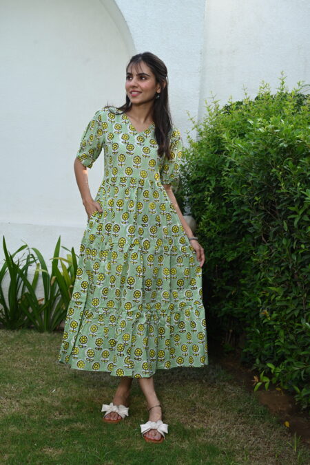 Light Green Floral Printed Cotton Anarkali Maxi Dress with Puff Sleeves Elegant Casual Wear