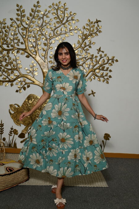 Teal-Blue Printed Cotton Anarkali Maxi Dress with Puff Sleeves Elegant Casual Wear