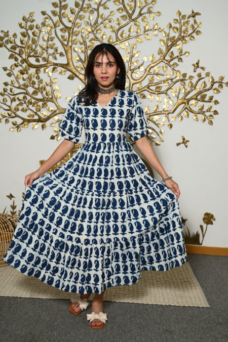 White And Blue Printed Cotton Anarkali Maxi Dress with Puff Sleeves Elegant Casual Wear