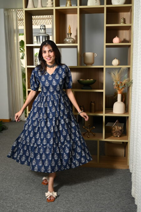 Navy-Blue Printed Cotton Anarkali Maxi Dress with Puff Sleeves Elegant Casual Wear