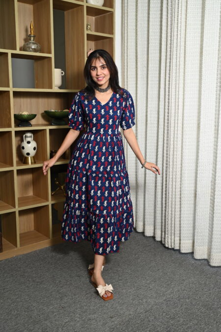 Navy Blue Floral Printed Cotton Anarkali Maxi Dress with Puff Sleeves Elegant Casual Wear