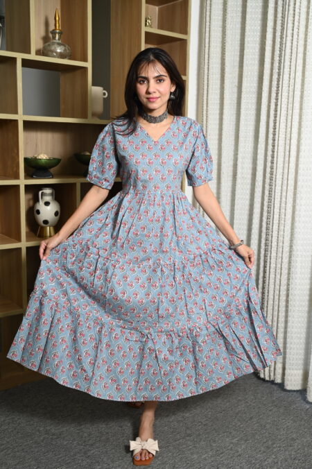 Sky Blue Floral Printed Cotton Anarkali Maxi Dress with Puff Sleeves Elegant Casual Wear