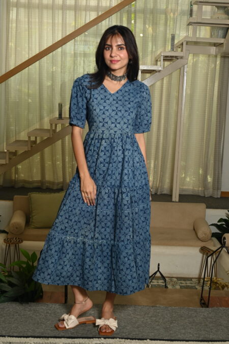 Blue Floral Printed Cotton Anarkali Maxi Dress with Puff Sleeves Elegant Casual Wear