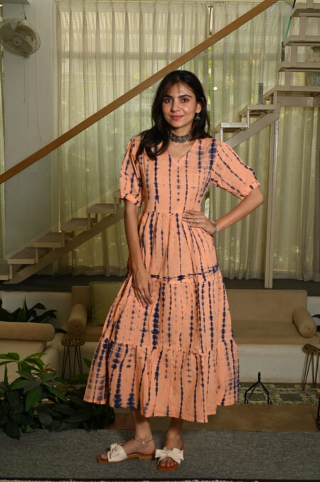 Peach Printed Cotton Anarkali Maxi Dress with Puff Sleeves Elegant Casual Wear
