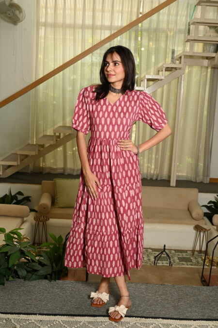 Red Printed Cotton Anarkali Maxi Dress with Puff Sleeves Elegant Casual Wear