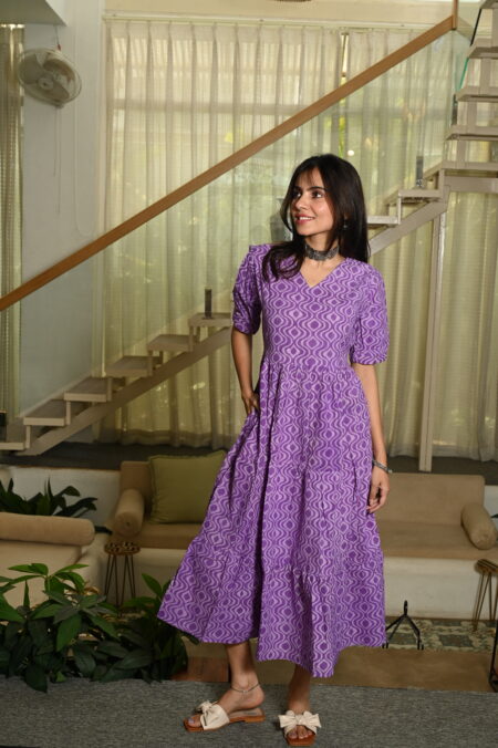 Purple Printed Cotton Anarkali Maxi Dress with Puff Sleeves Elegant Casual Wear