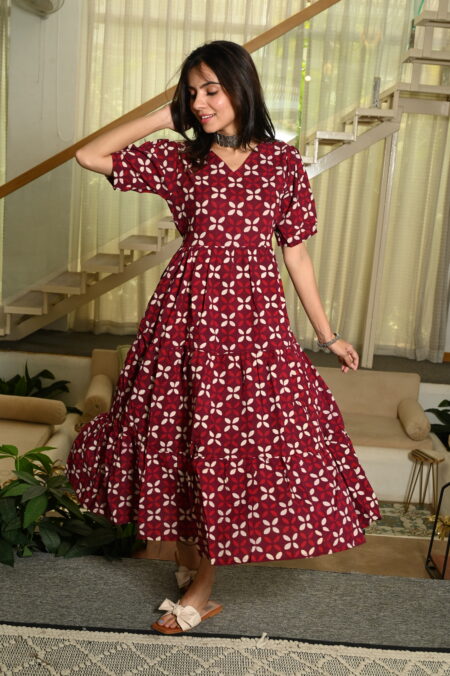 Maroon Printed Cotton Anarkali Maxi Dress with Puff Sleeves Elegant Casual Wear