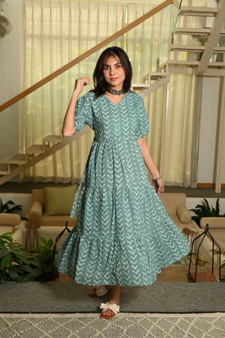 Teal Green Printed Cotton Anarkali Maxi Dress with Puff Sleeves Elegant Everyday Wear