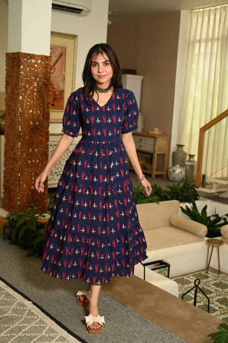 Navy Blue Floral Printed Cotton Anarkali Maxi Dress with Puff Sleeves Elegant Casual Wear