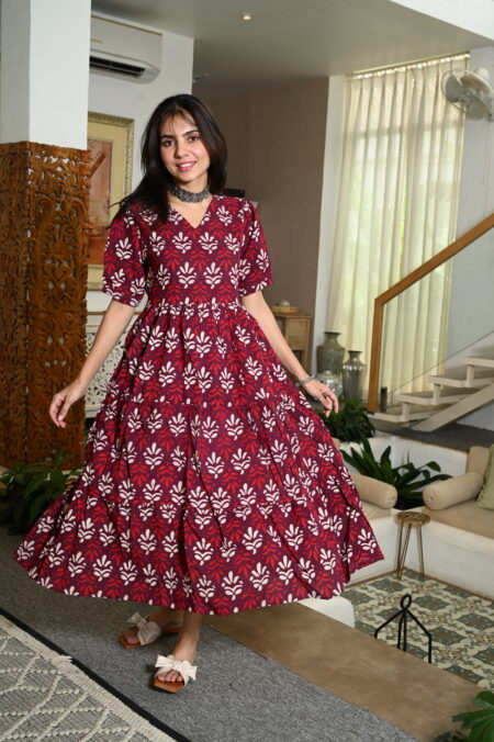 Red Floral Printed Cotton Anarkali Maxi Dress with Puff Sleeves Elegant Casual Wear