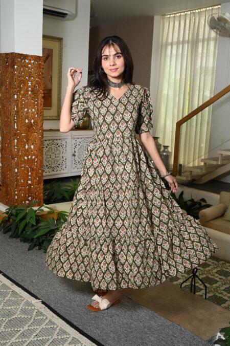 Green Floral Printed Cotton Anarkali Maxi Dress with Puff Sleeves Elegant Casual Wear