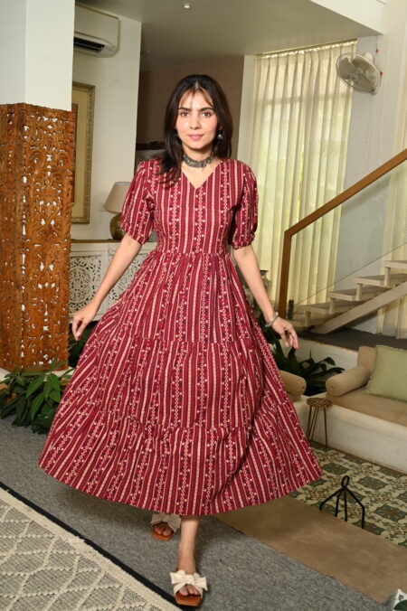 Red Printed Cotton Anarkali Maxi Dress with Puff Sleeves Elegant Casual Wear
