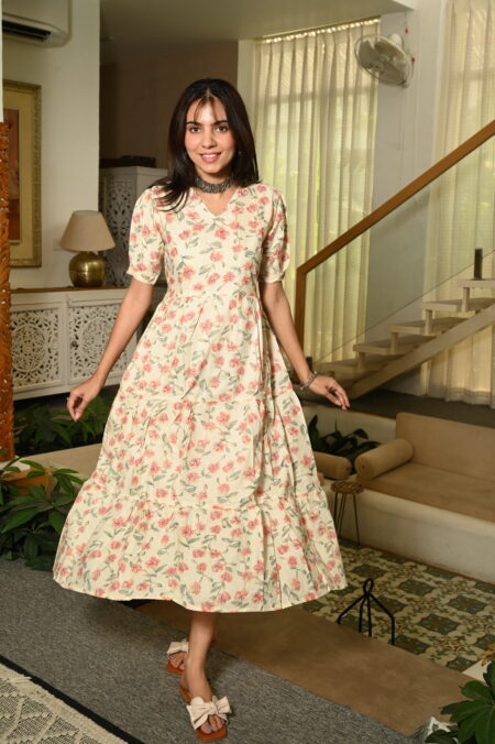 Cream Floral Printed Cotton Anarkali Maxi Dress with Puff Sleeves Elegant Casual Wear