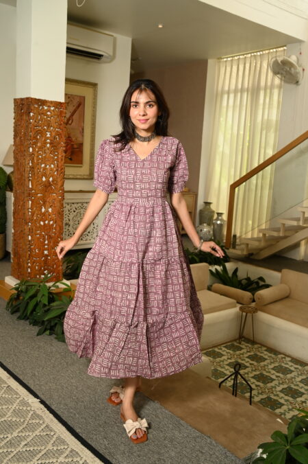 Mouve Printed Cotton Anarkali Maxi Dress with Puff Sleeves Elegant Casual Wear