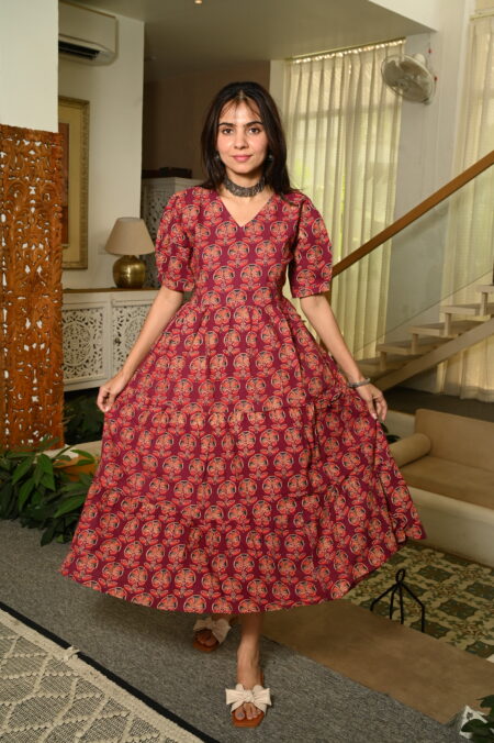 Red Floral Printed Cotton Anarkali Maxi Dress with Puff Sleeves Elegant Casual Wear