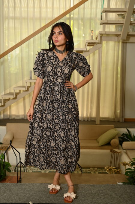 Black Printed Cotton Anarkali Maxi Dress with Puff Sleeves Elegant Casual Wear