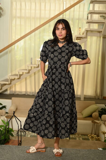 Black Printed Cotton Anarkali Maxi Dress with Puff Sleeves Elegant Casual Wear