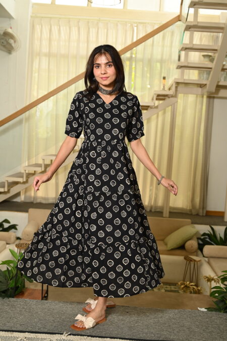 Black Printed Cotton Anarkali Maxi Dress with Puff Sleeves Elegant Casual Wear