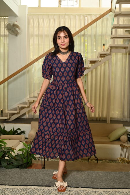 Navy Blue Printed Cotton Anarkali Maxi Dress with Puff Sleeves Elegant Casual Wear