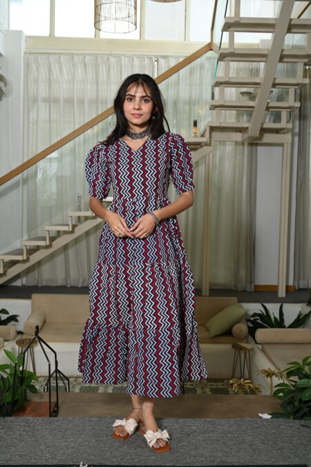 Multicolor Zigzag Printed Cotton Maxi Dress with Puff Sleeves Trendy Casual & Party Wear