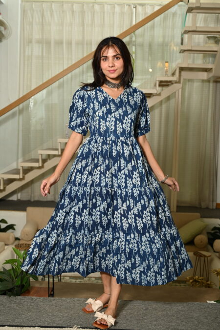 White And Blue Printed Cotton Anarkali Maxi Dress with Puff Sleeves Elegant Casual Wear